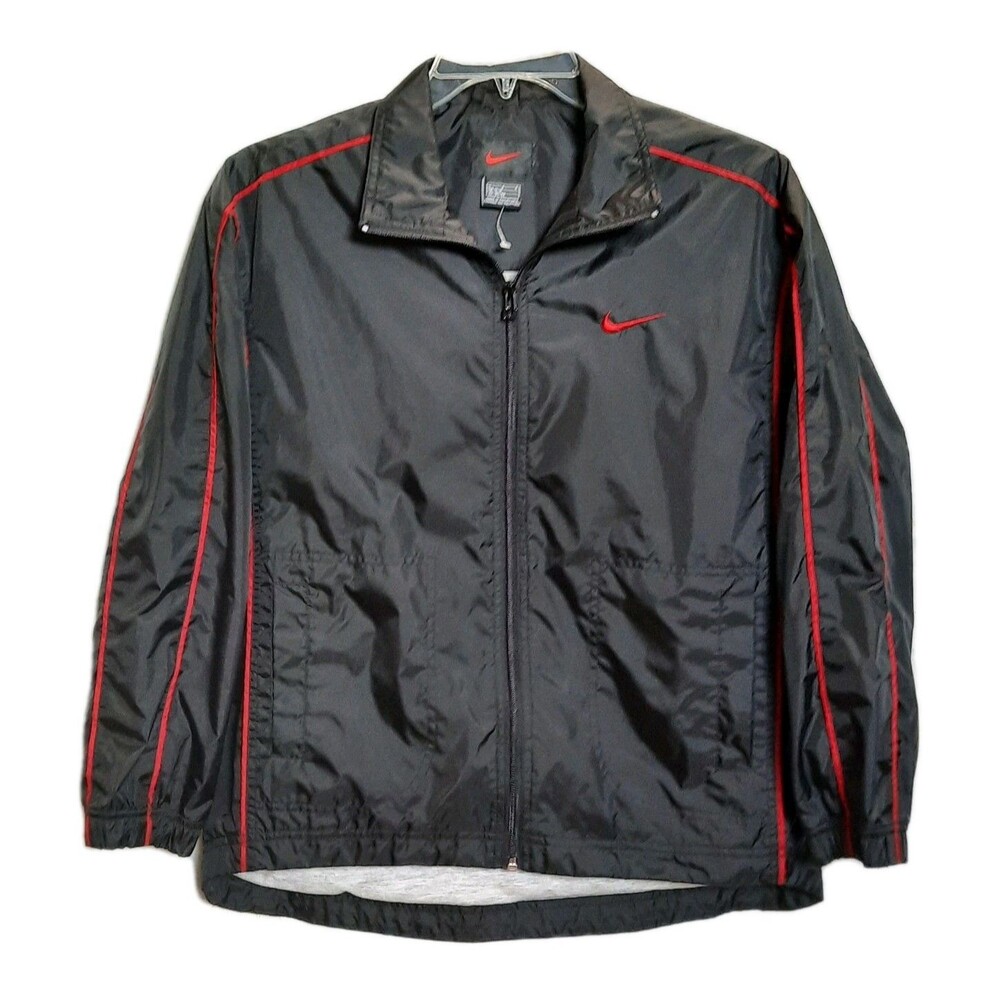 VTG NIKE Track Jacket Black & Red Piping  Lined Y2K Sportswear Youth Large 14/16